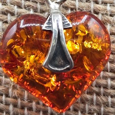 LOT 71: 17 Inch 925 Silver Necklace with Amber Colored Heart Charm