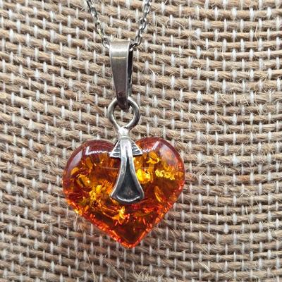 LOT 71: 17 Inch 925 Silver Necklace with Amber Colored Heart Charm