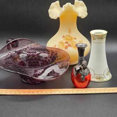 LOT 76: Vintage Hand Painted Fenton Custard Glass Vase, Hobnail Glass Bowl with Handle, Porcelain Hat Pin Holder, and Art Nouveau Mini...