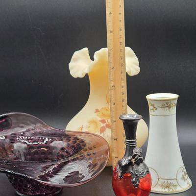 LOT 76: Vintage Hand Painted Fenton Custard Glass Vase, Hobnail Glass Bowl with Handle, Porcelain Hat Pin Holder, and Art Nouveau Mini...
