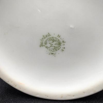 LOT 76: Vintage Hand Painted Fenton Custard Glass Vase, Hobnail Glass Bowl with Handle, Porcelain Hat Pin Holder, and Art Nouveau Mini...