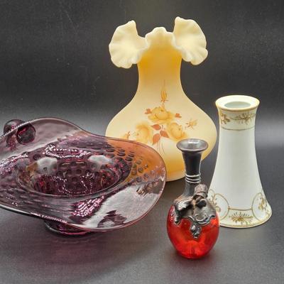LOT 76: Vintage Hand Painted Fenton Custard Glass Vase, Hobnail Glass Bowl with Handle, Porcelain Hat Pin Holder, and Art Nouveau Mini...