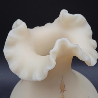 LOT 76: Vintage Hand Painted Fenton Custard Glass Vase, Hobnail Glass Bowl with Handle, Porcelain Hat Pin Holder, and Art Nouveau Mini...