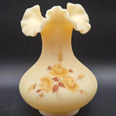 LOT 76: Vintage Hand Painted Fenton Custard Glass Vase, Hobnail Glass Bowl with Handle, Porcelain Hat Pin Holder, and Art Nouveau Mini...