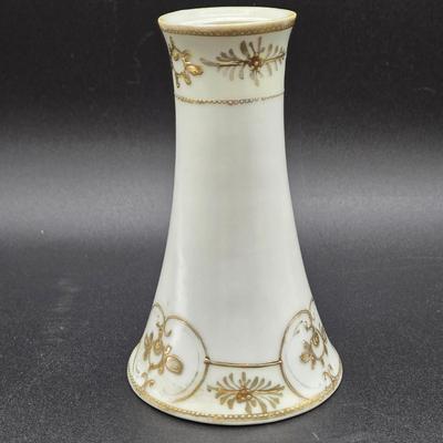LOT 76: Vintage Hand Painted Fenton Custard Glass Vase, Hobnail Glass Bowl with Handle, Porcelain Hat Pin Holder, and Art Nouveau Mini...