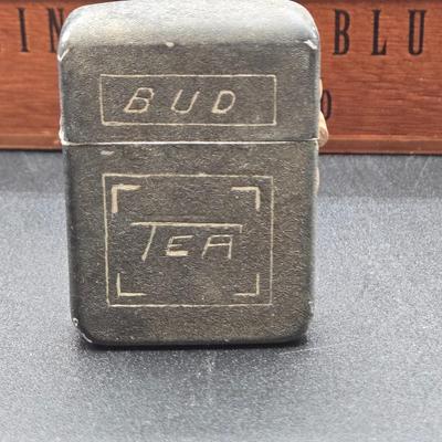 LOT 77: Blind Man's Bluff Wooden Box, Aluminum Cigarette Case, Hammered Metal Flask, Vintage Ronson Lytacase, and More