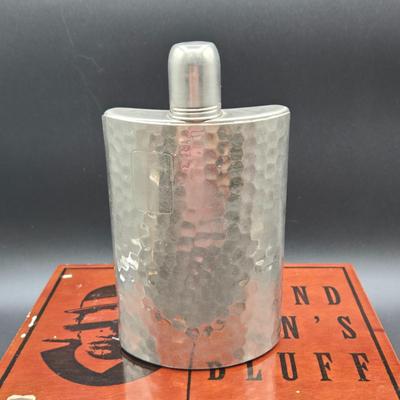 LOT 77: Blind Man's Bluff Wooden Box, Aluminum Cigarette Case, Hammered Metal Flask, Vintage Ronson Lytacase, and More