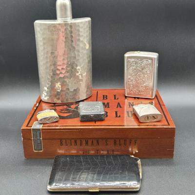 LOT 77: Blind Man's Bluff Wooden Box, Aluminum Cigarette Case, Hammered Metal Flask, Vintage Ronson Lytacase, and More