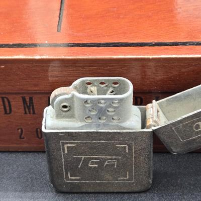 LOT 77: Blind Man's Bluff Wooden Box, Aluminum Cigarette Case, Hammered Metal Flask, Vintage Ronson Lytacase, and More