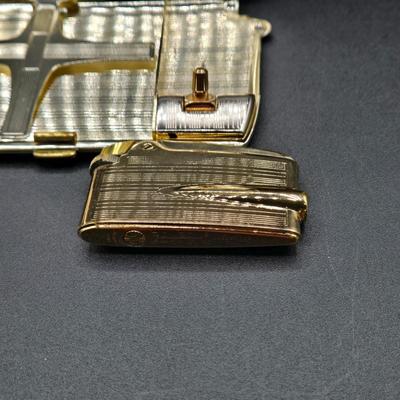 LOT 77: Blind Man's Bluff Wooden Box, Aluminum Cigarette Case, Hammered Metal Flask, Vintage Ronson Lytacase, and More