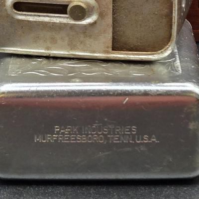 LOT 77: Blind Man's Bluff Wooden Box, Aluminum Cigarette Case, Hammered Metal Flask, Vintage Ronson Lytacase, and More