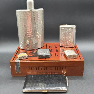 LOT 77: Blind Man's Bluff Wooden Box, Aluminum Cigarette Case, Hammered Metal Flask, Vintage Ronson Lytacase, and More