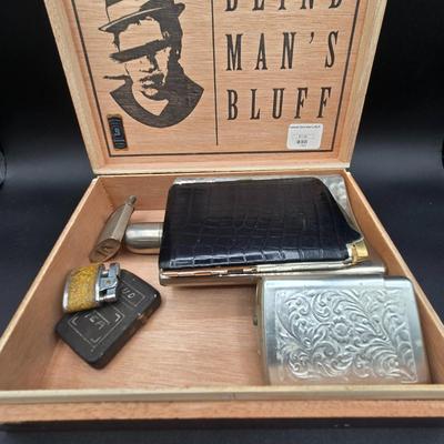 LOT 77: Blind Man's Bluff Wooden Box, Aluminum Cigarette Case, Hammered Metal Flask, Vintage Ronson Lytacase, and More