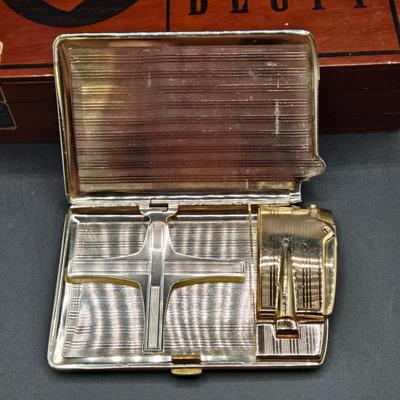 LOT 77: Blind Man's Bluff Wooden Box, Aluminum Cigarette Case, Hammered Metal Flask, Vintage Ronson Lytacase, and More