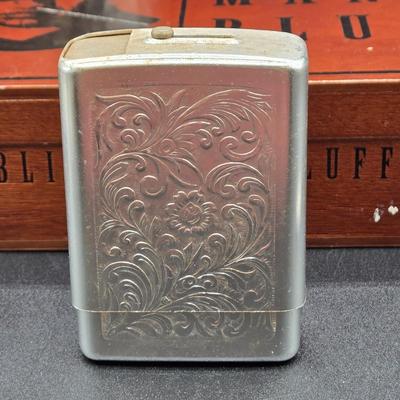 LOT 77: Blind Man's Bluff Wooden Box, Aluminum Cigarette Case, Hammered Metal Flask, Vintage Ronson Lytacase, and More