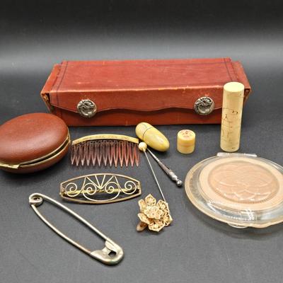 LOT 78: Vintage Men's Leather Shaving Case, Phinney Walker Travel Alarm Clock, Art Deco Travel Manicure Kit, and More