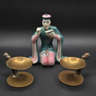 LOT 79: Goldscheider Figurine and Two Antique Brass Ash Trays