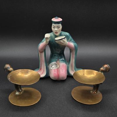 LOT 79: Goldscheider Figurine and Two Antique Brass Ash Trays