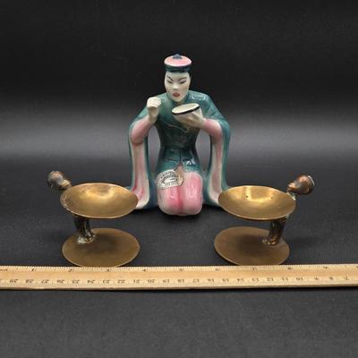 LOT 79: Goldscheider Figurine and Two Antique Brass Ash Trays