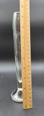 LOT 81: Mid Century Duchin Creation Etched Glass Bud Vase with Weighted Sterling Base, Vintage Faux Burlwood Card Holder, Two Pair of...