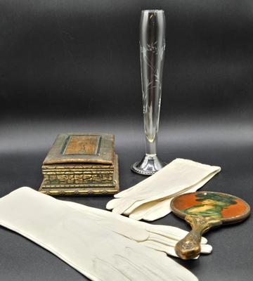 LOT 81: Mid Century Duchin Creation Etched Glass Bud Vase with Weighted Sterling Base, Vintage Faux Burlwood Card Holder, Two Pair of...