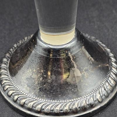 LOT 81: Mid Century Duchin Creation Etched Glass Bud Vase with Weighted Sterling Base, Vintage Faux Burlwood Card Holder, Two Pair of...