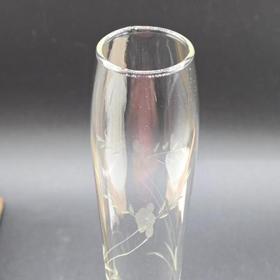 LOT 81: Mid Century Duchin Creation Etched Glass Bud Vase with Weighted Sterling Base, Vintage Faux Burlwood Card Holder, Two Pair of...