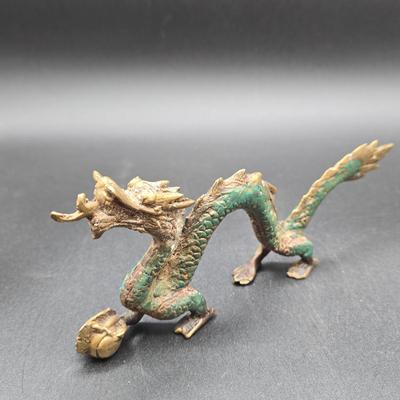 LOT 84: Two Japanese Carved Figures and Vintage Chinese Metal Dragon