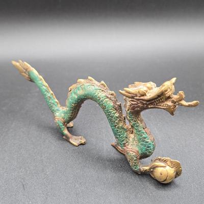 LOT 84: Two Japanese Carved Figures and Vintage Chinese Metal Dragon