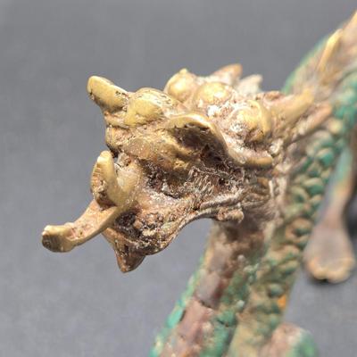 LOT 84: Two Japanese Carved Figures and Vintage Chinese Metal Dragon