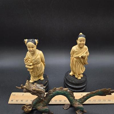 LOT 84: Two Japanese Carved Figures and Vintage Chinese Metal Dragon