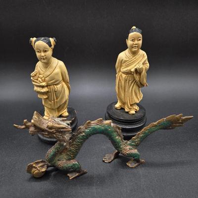 LOT 84: Two Japanese Carved Figures and Vintage Chinese Metal Dragon