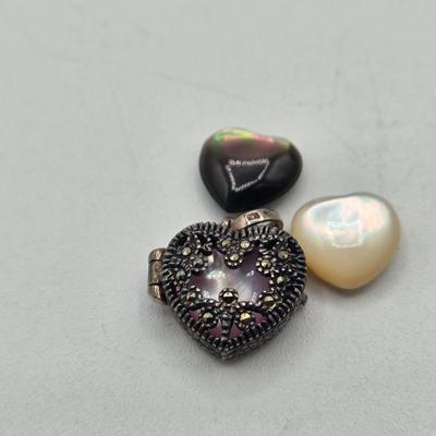LOT 106J: Heart Shaped Sterling Silver Pendant and Three Lockets, One with Three Changeable Stones / 22.3 gtw