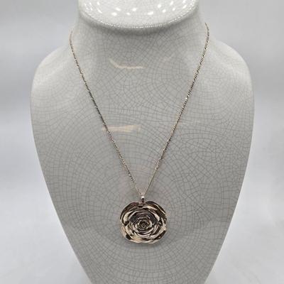LOT 110J: Beautiful Silver Rose Pendant on 20 Inch Sterling Silver Chain / 23.2 Grams