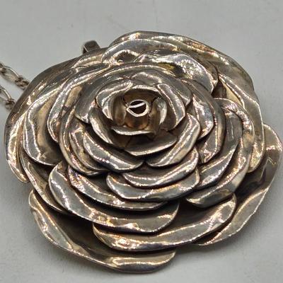 LOT 110J: Beautiful Silver Rose Pendant on 20 Inch Sterling Silver Chain / 23.2 Grams