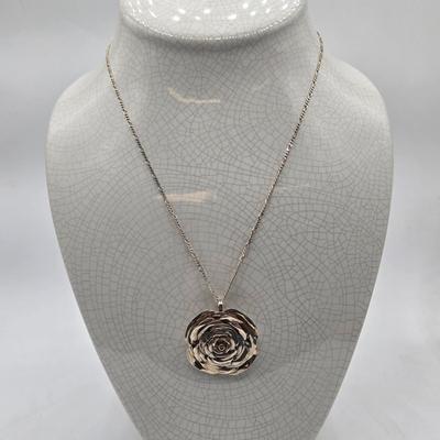 LOT 110J: Beautiful Silver Rose Pendant on 20 Inch Sterling Silver Chain / 23.2 Grams