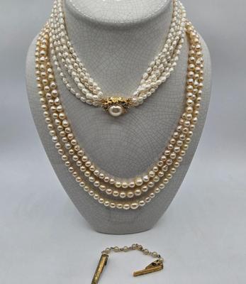 LOT 115J: Two Multistrand Faux Pearl Necklaces and Sweater Clip