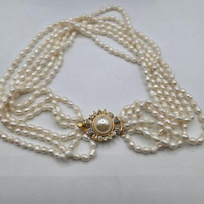 LOT 115J: Two Multistrand Faux Pearl Necklaces and Sweater Clip