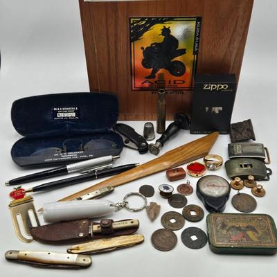 LOT 118: ACID Kuba Kuba Cigar Box with10k Gold Filled Ring, Foreign Coins, Pens, Buttons, Pocket Knives, and More