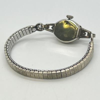 LOT 121: 14K Solid White Gold Ladies Watch (Not Working) w/ Diamonds on Speidel Stretch Band