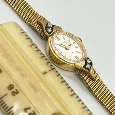 LOT 12: 14K Gold Bulova Ladies Watch w/ Diamonds on Gold Filled Band - Winds and Ticks