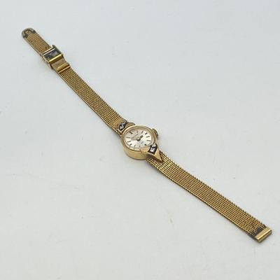 LOT 12: 14K Gold Bulova Ladies Watch w/ Diamonds on Gold Filled Band - Winds and Ticks
