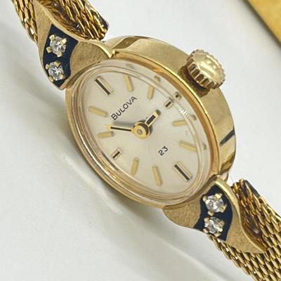 LOT 12: 14K Gold Bulova Ladies Watch w/ Diamonds on Gold Filled Band - Winds and Ticks
