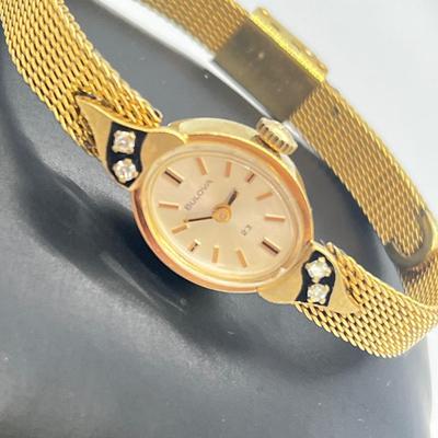 LOT 12: 14K Gold Bulova Ladies Watch w/ Diamonds on Gold Filled Band - Winds and Ticks