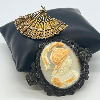 LOT 130: Vintage / Antique Brooches - Silver Cameo and Gold Vermeil over 800 Silver Fan