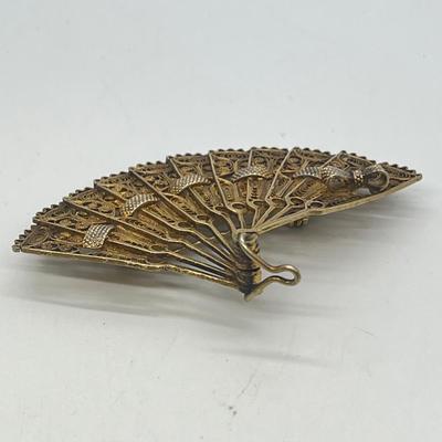 LOT 130: Vintage / Antique Brooches - Silver Cameo and Gold Vermeil over 800 Silver Fan