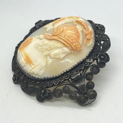 LOT 130: Vintage / Antique Brooches - Silver Cameo and Gold Vermeil over 800 Silver Fan