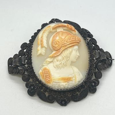 LOT 130: Vintage / Antique Brooches - Silver Cameo and Gold Vermeil over 800 Silver Fan