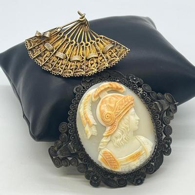 LOT 130: Vintage / Antique Brooches - Silver Cameo and Gold Vermeil over 800 Silver Fan