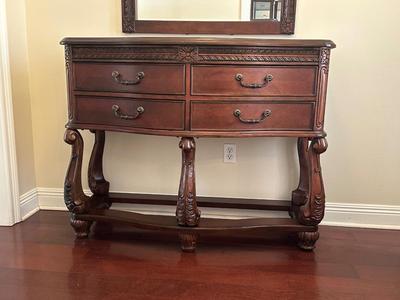 Carved Cherry Finish Console Table with Mirror